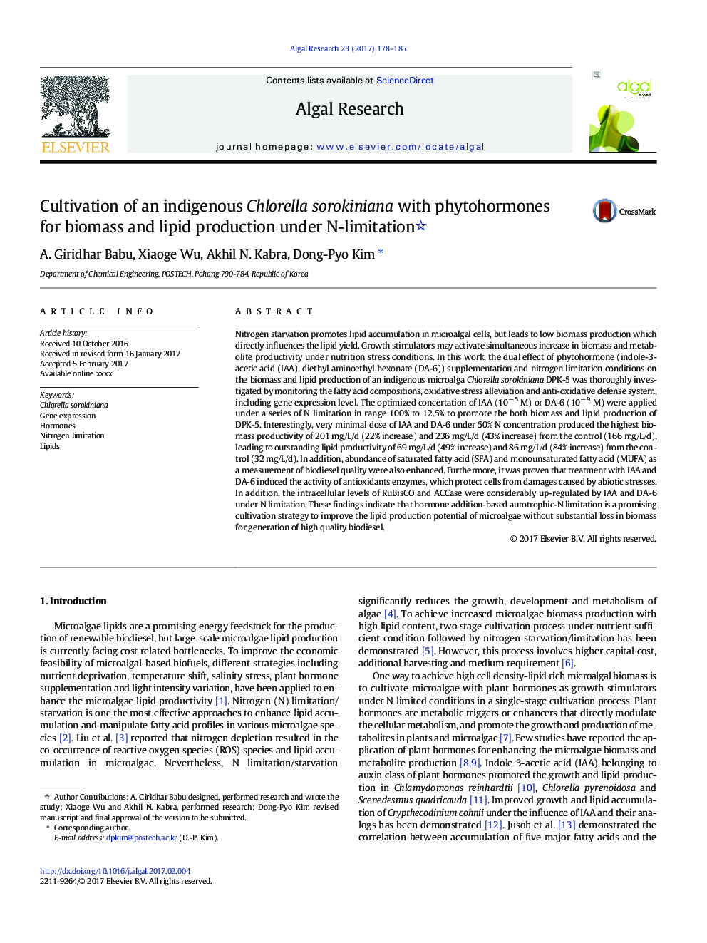 Cultivation of an indigenous Chlorella sorokiniana with phytohormones for biomass and lipid production under N-limitation