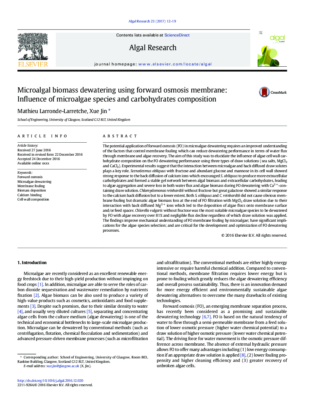 Microalgal biomass dewatering using forward osmosis membrane: Influence of microalgae species and carbohydrates composition