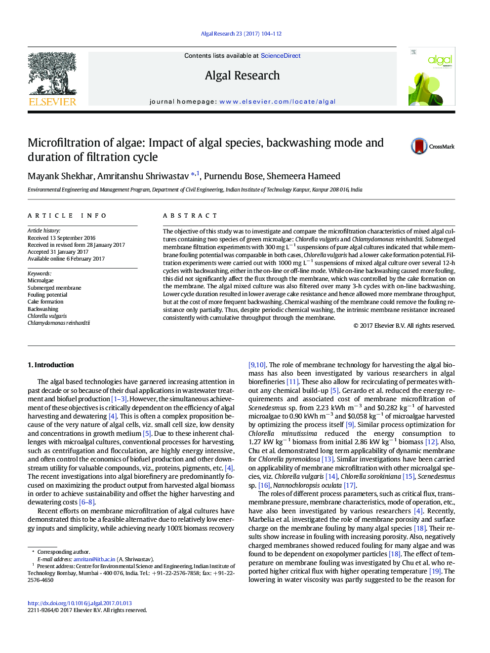 Microfiltration of algae: Impact of algal species, backwashing mode and duration of filtration cycle