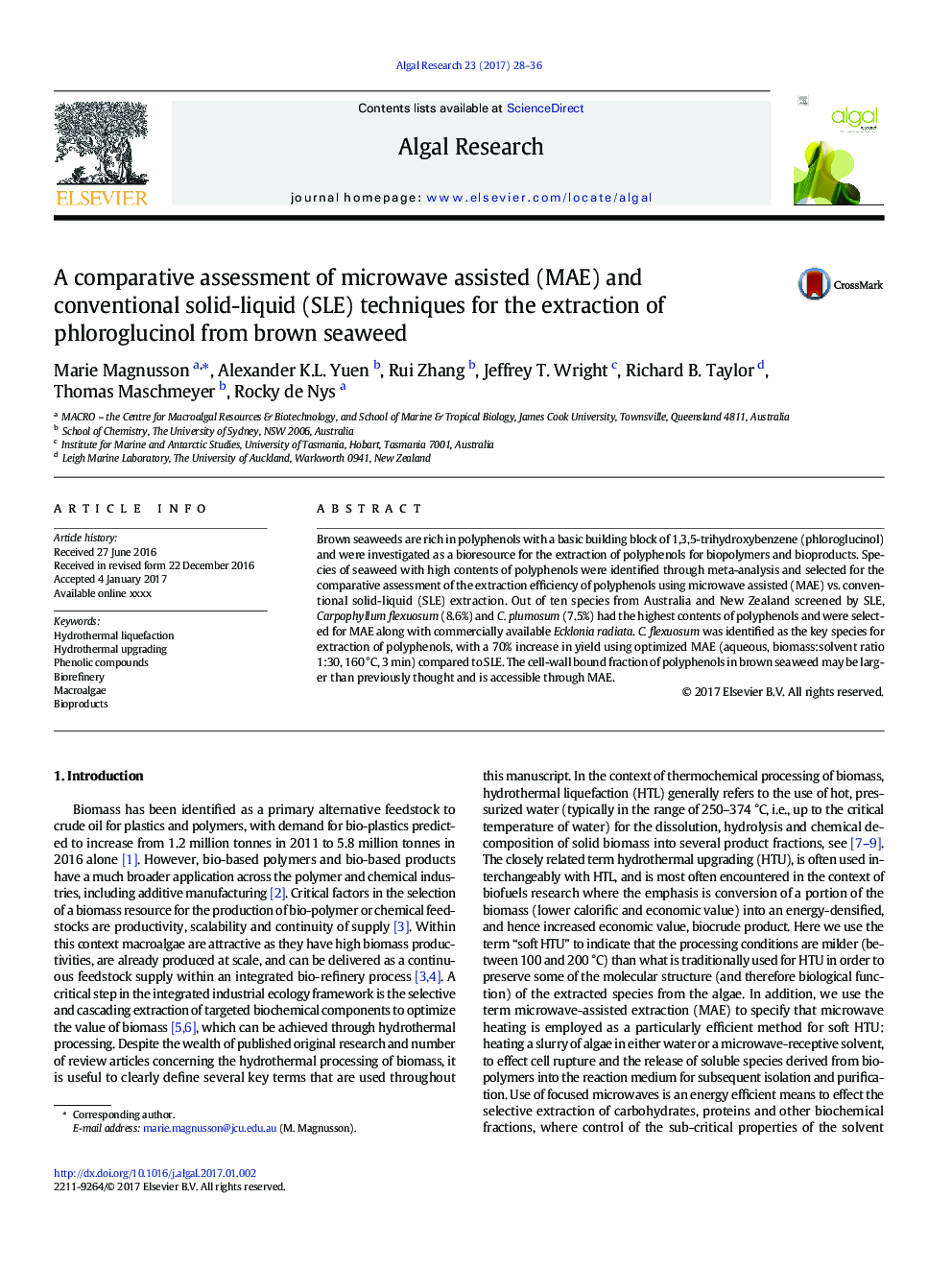 A comparative assessment of microwave assisted (MAE) and conventional solid-liquid (SLE) techniques for the extraction of phloroglucinol from brown seaweed