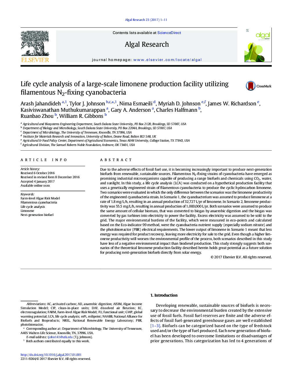 Life cycle analysis of a large-scale limonene production facility utilizing filamentous N2-fixing cyanobacteria