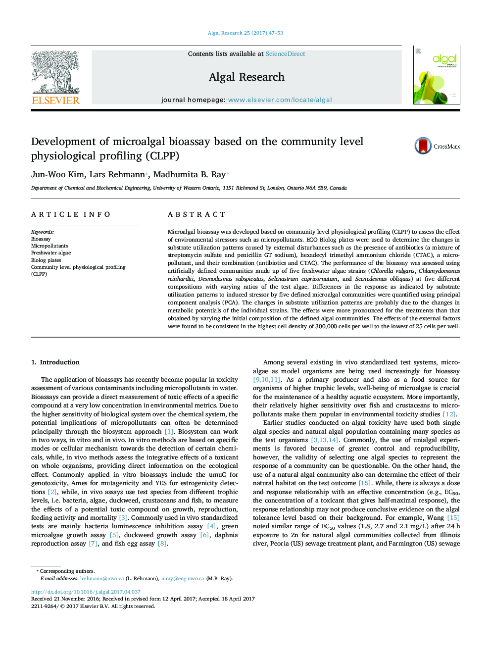Development of microalgal bioassay based on the community level physiological profiling (CLPP)