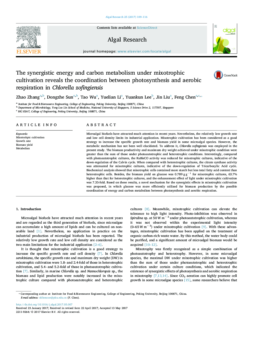 The synergistic energy and carbon metabolism under mixotrophic cultivation reveals the coordination between photosynthesis and aerobic respiration in Chlorella zofingiensis