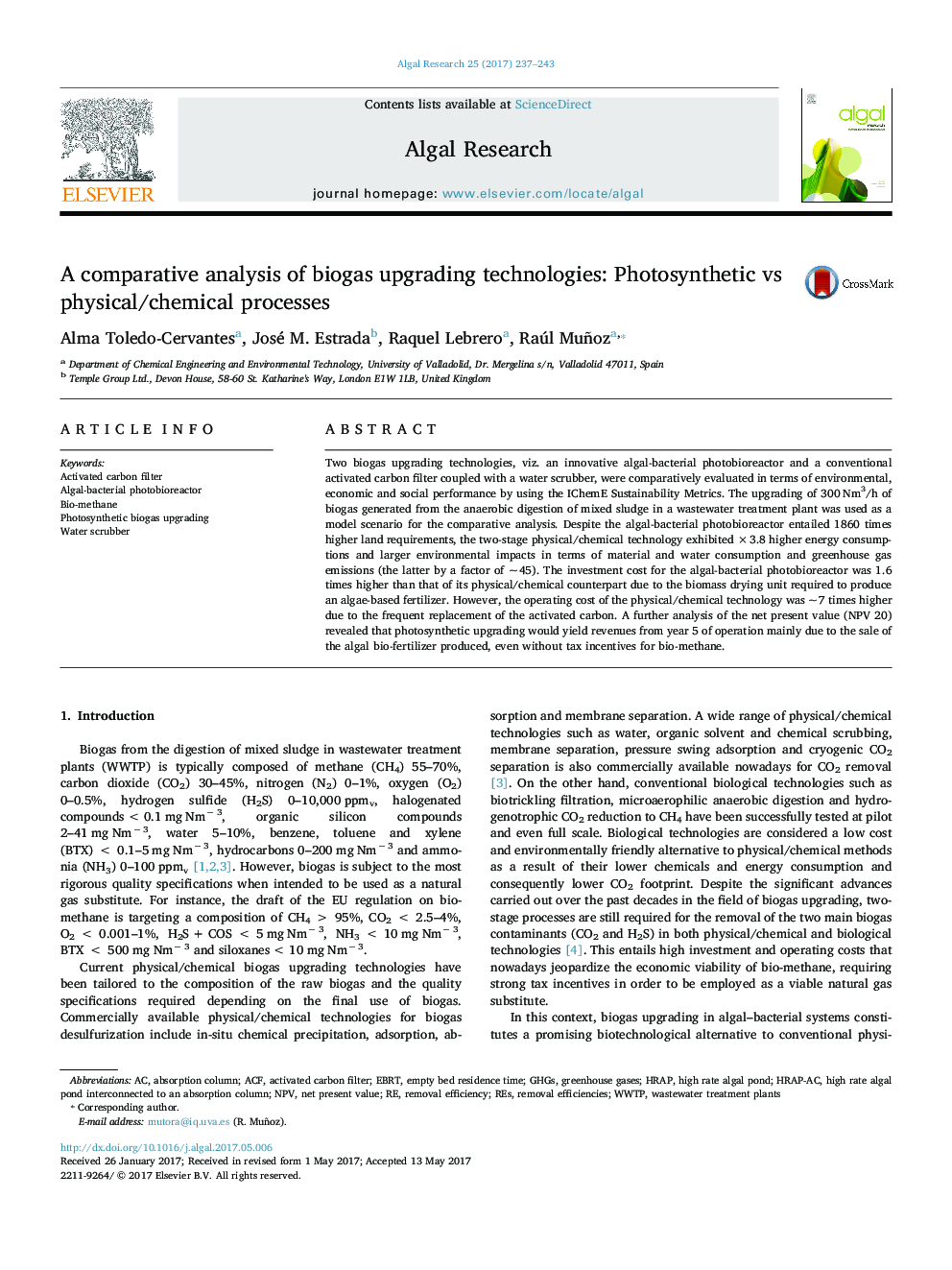 A comparative analysis of biogas upgrading technologies: Photosynthetic vs physical/chemical processes