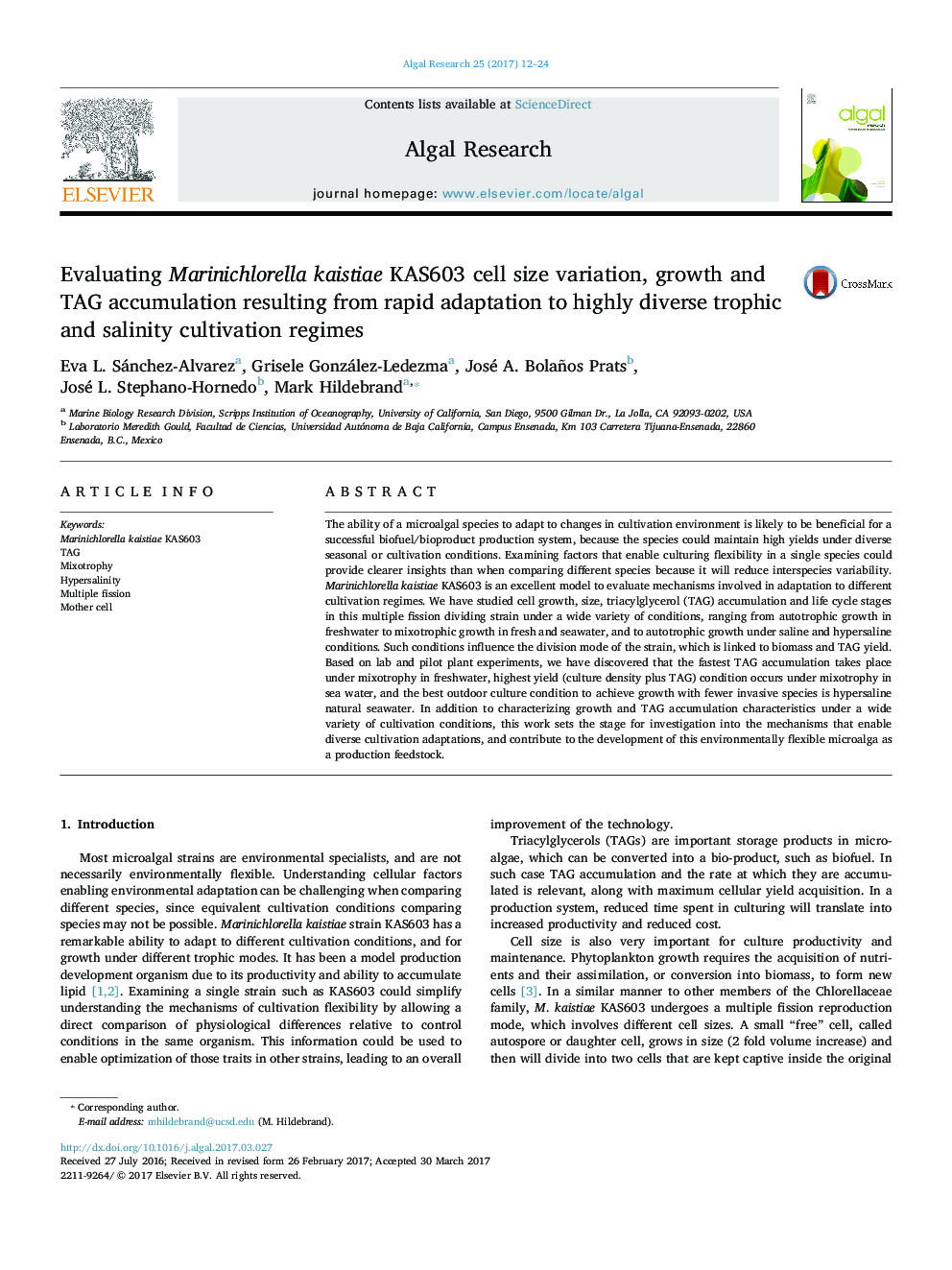 Evaluating Marinichlorella kaistiae KAS603 cell size variation, growth and TAG accumulation resulting from rapid adaptation to highly diverse trophic and salinity cultivation regimes