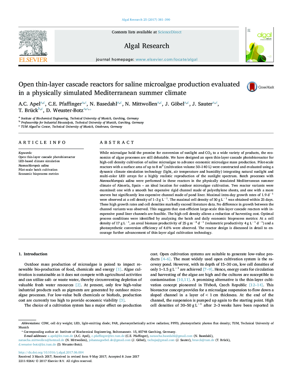 Open thin-layer cascade reactors for saline microalgae production evaluated in a physically simulated Mediterranean summer climate