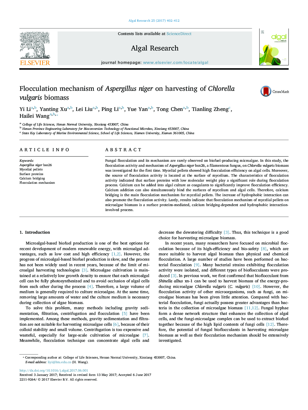 Flocculation mechanism of Aspergillus niger on harvesting of Chlorella vulgaris biomass