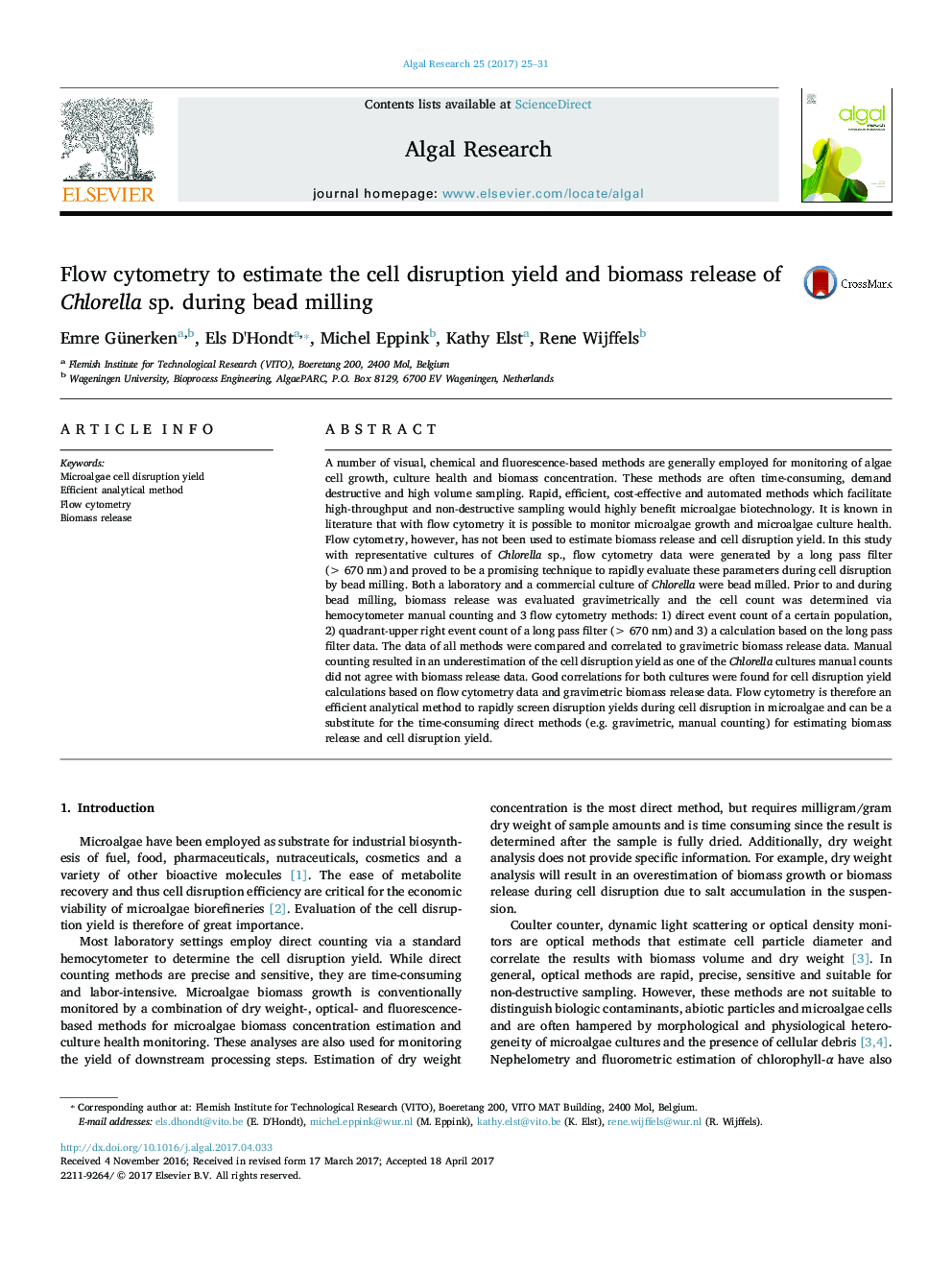 Flow cytometry to estimate the cell disruption yield and biomass release of Chlorella sp. during bead milling