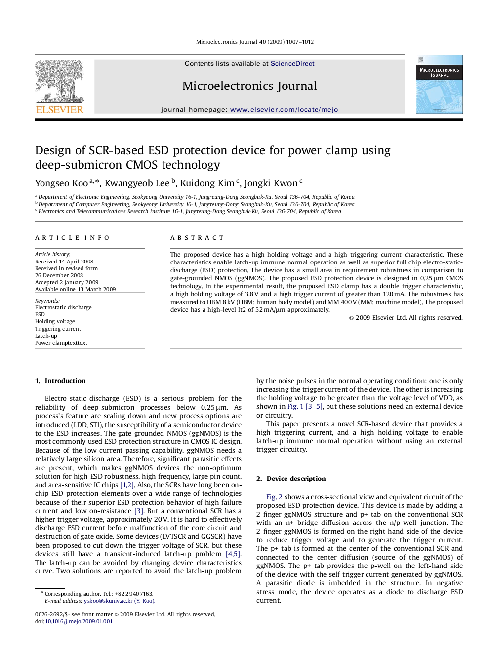 Design of SCR-based ESD protection device for power clamp using deep-submicron CMOS technology