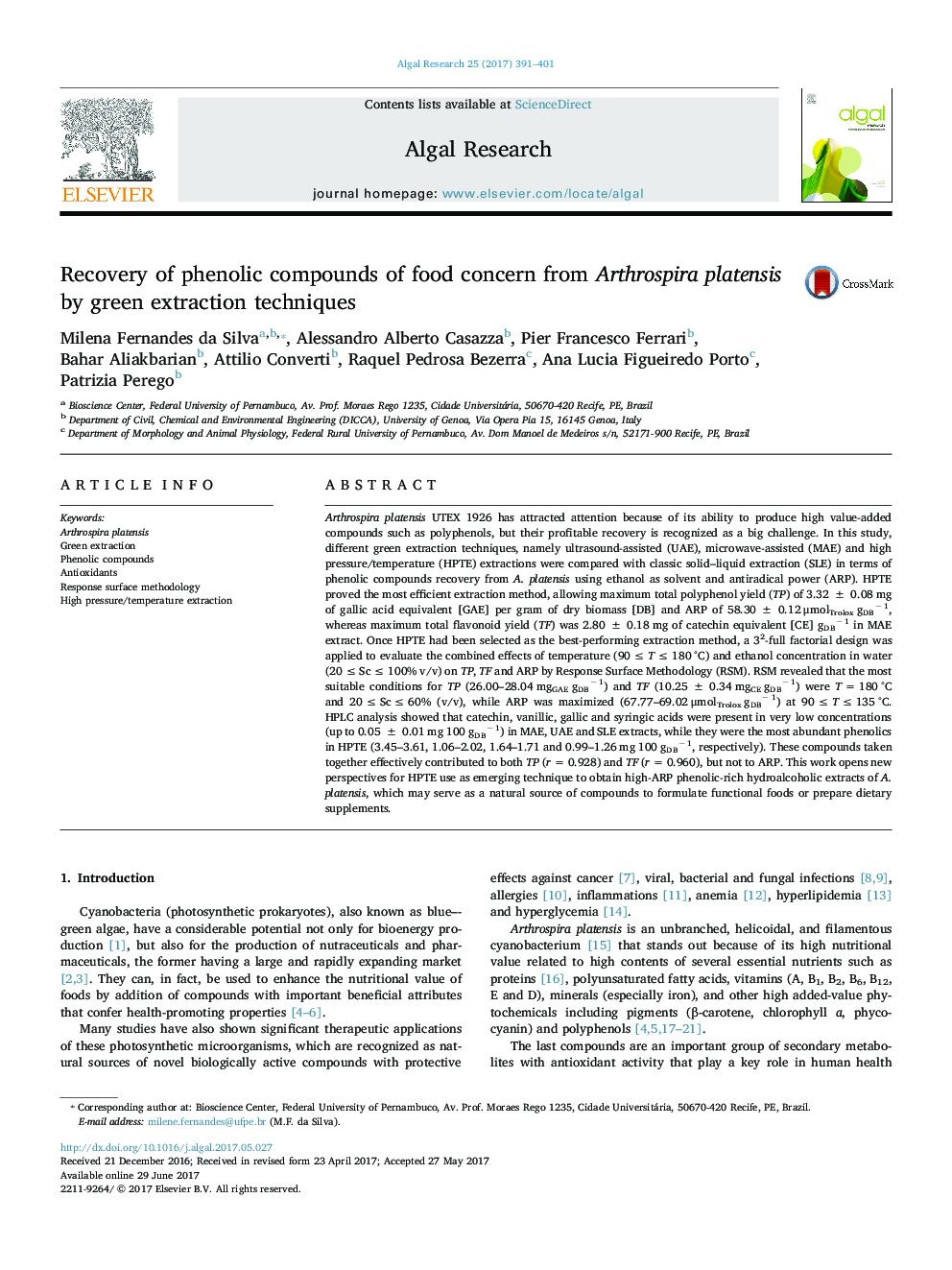Recovery of phenolic compounds of food concern from Arthrospira platensis by green extraction techniques