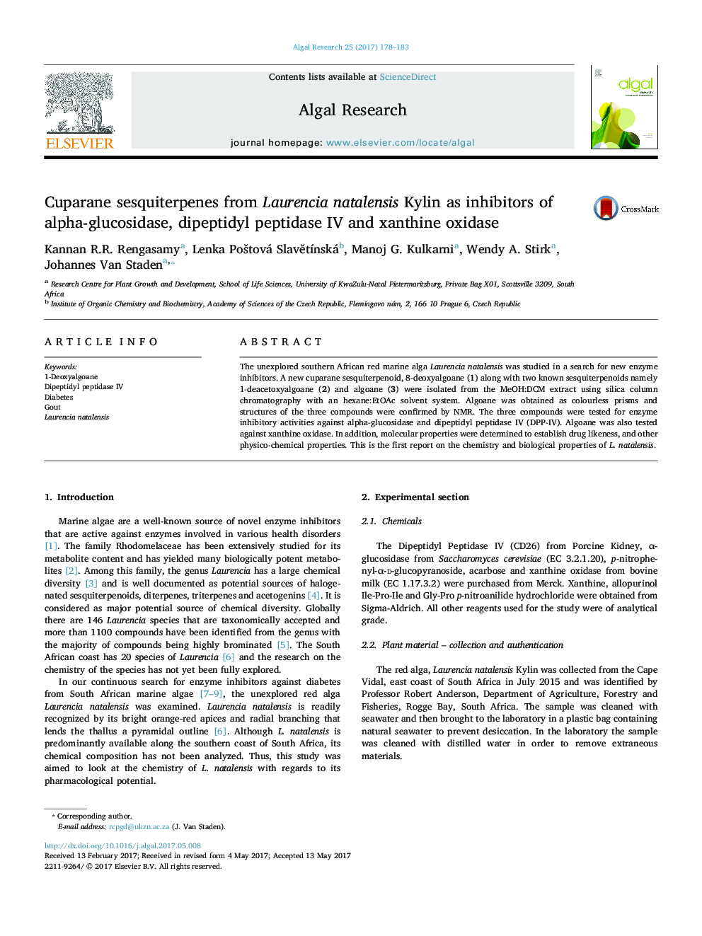 Cuparane sesquiterpenes from Laurencia natalensis Kylin as inhibitors of alpha-glucosidase, dipeptidyl peptidase IV and xanthine oxidase