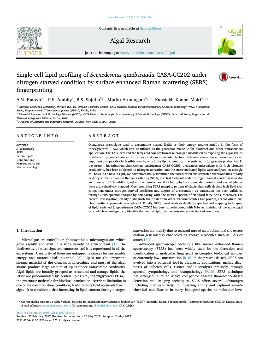 Single cell lipid profiling of Scenedesmus quadricauda CASA-CC202 under nitrogen starved condition by surface enhanced Raman scattering (SERS) fingerprinting