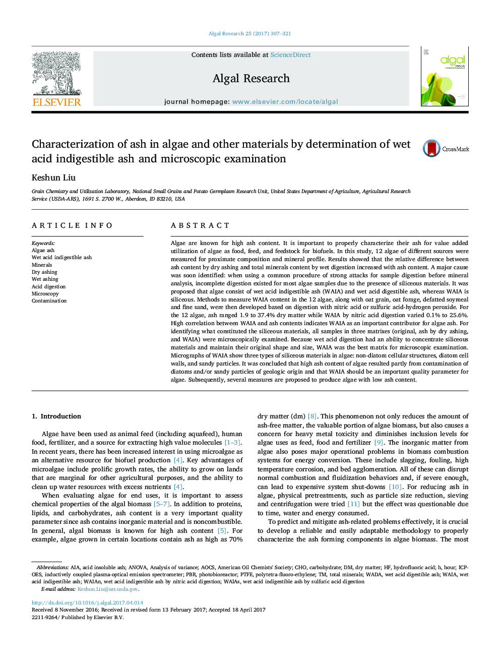 Characterization of ash in algae and other materials by determination of wet acid indigestible ash and microscopic examination