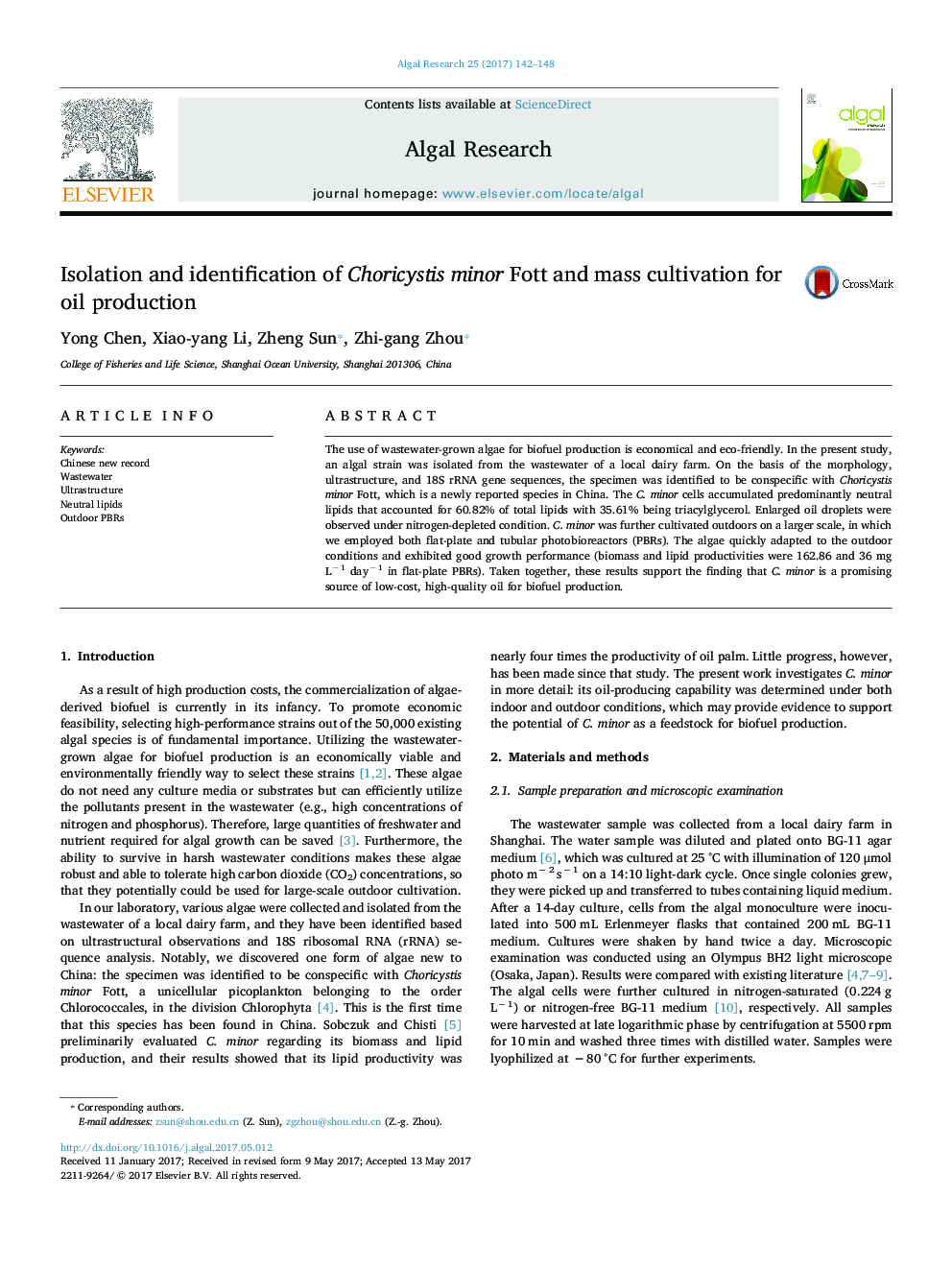 Isolation and identification of Choricystis minor Fott and mass cultivation for oil production