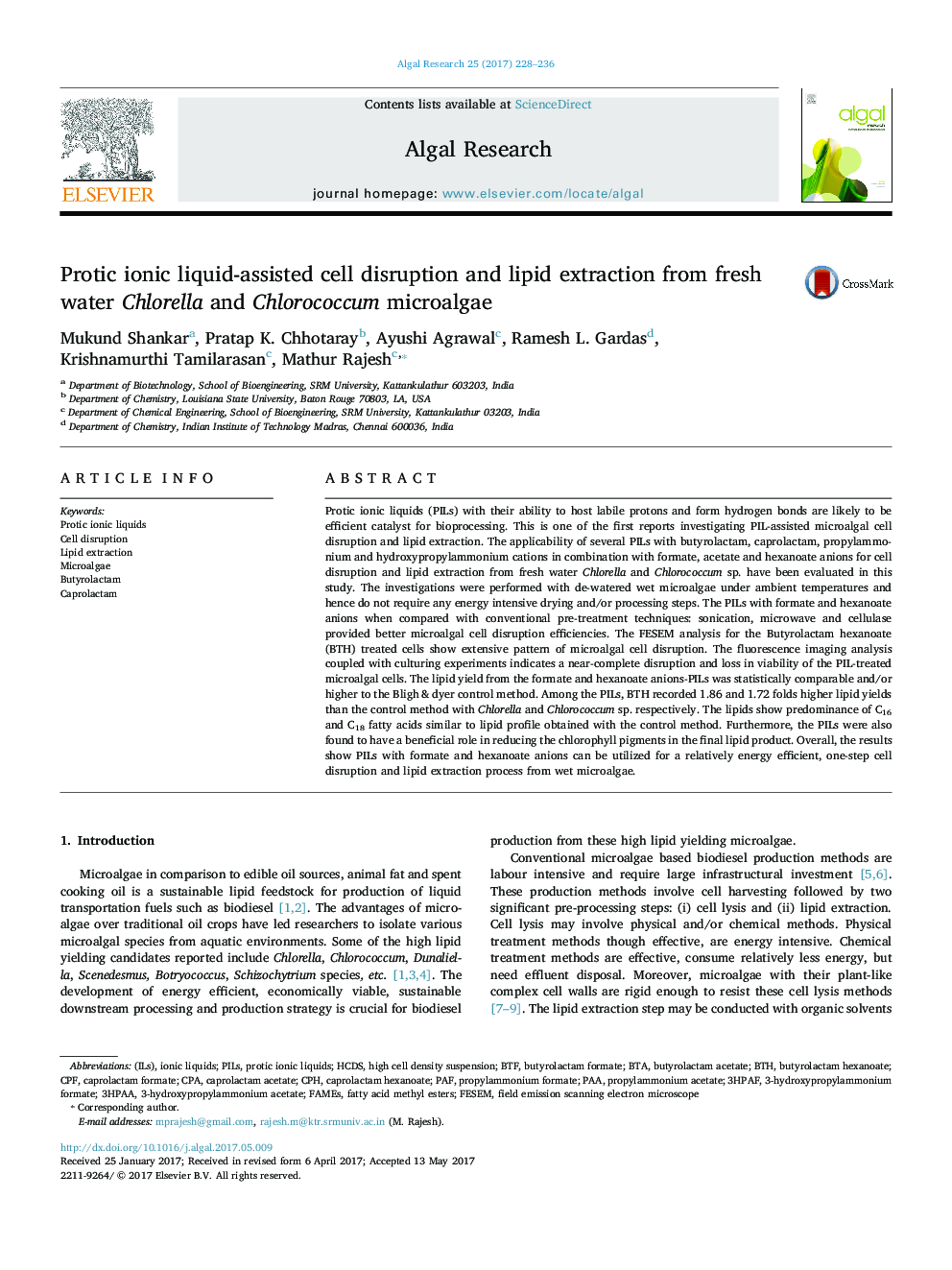 Protic ionic liquid-assisted cell disruption and lipid extraction from fresh water Chlorella and Chlorococcum microalgae