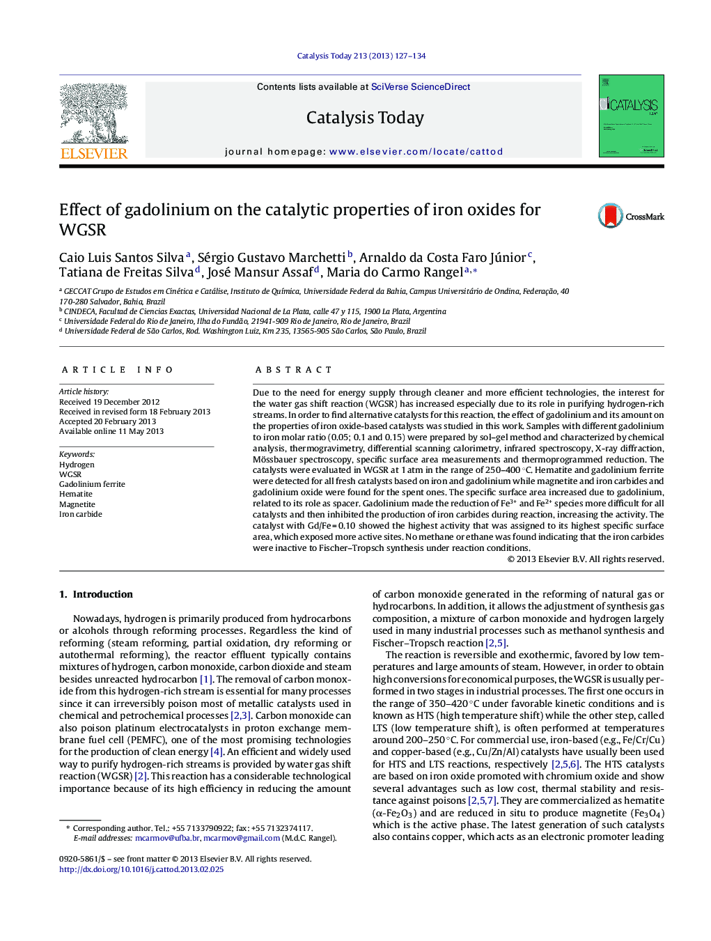 Effect of gadolinium on the catalytic properties of iron oxides for WGSR