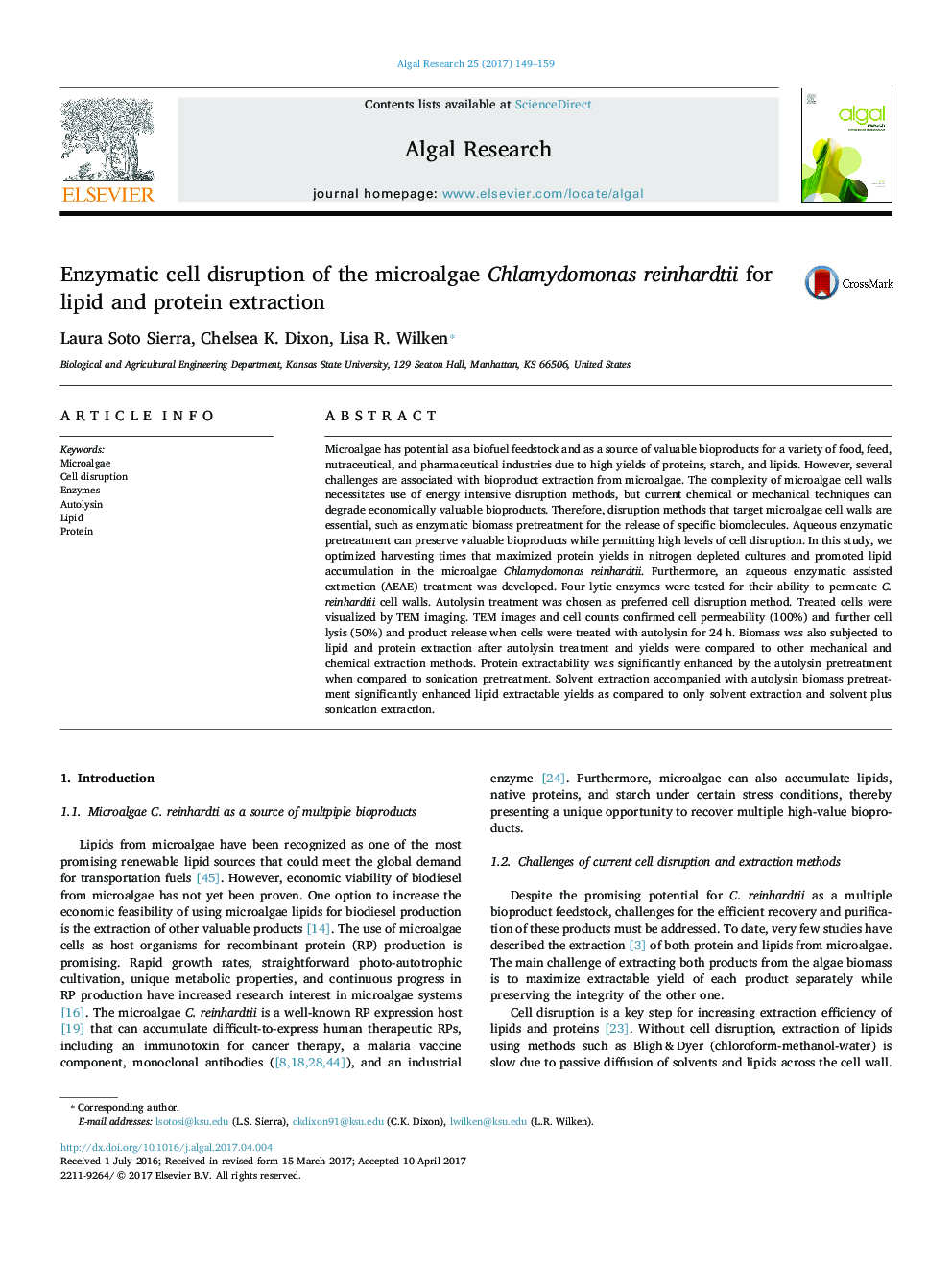 Enzymatic cell disruption of the microalgae Chlamydomonas reinhardtii for lipid and protein extraction