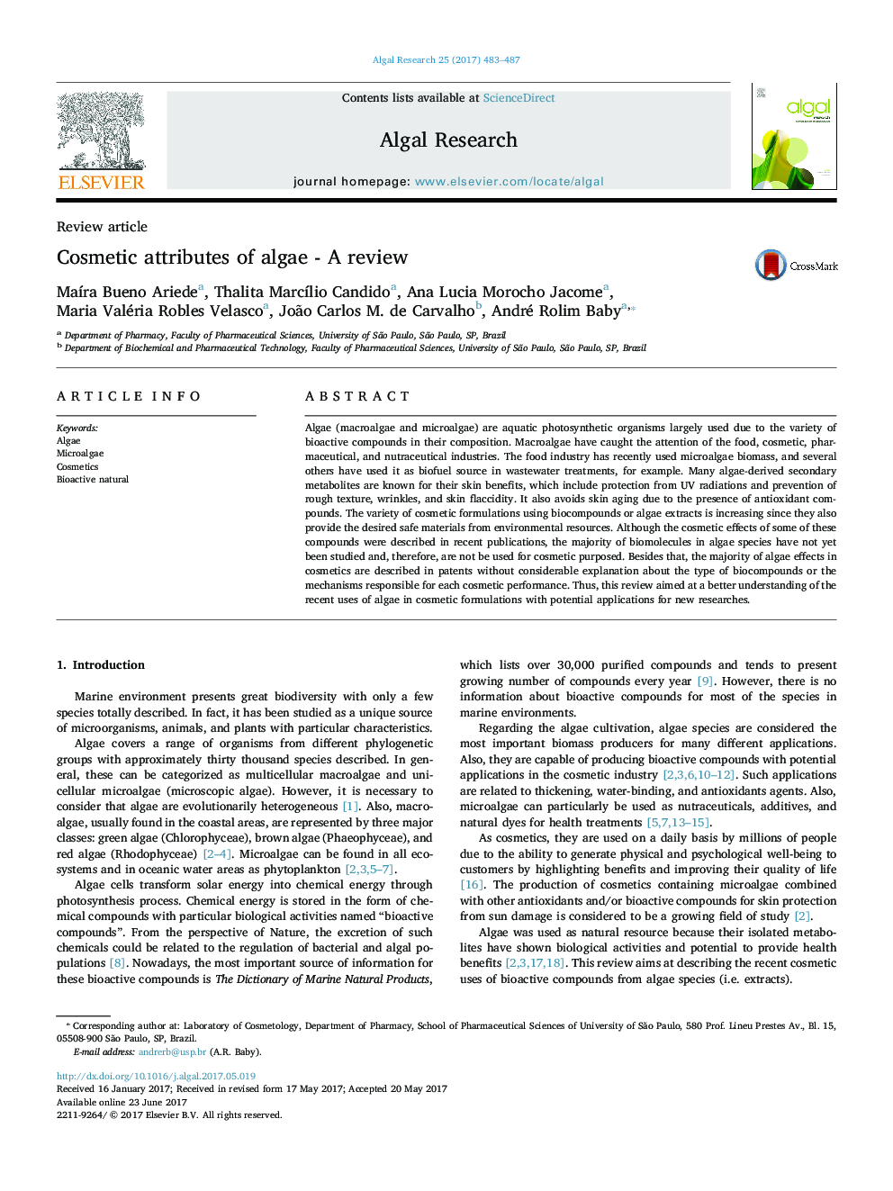 Cosmetic attributes of algae - A review
