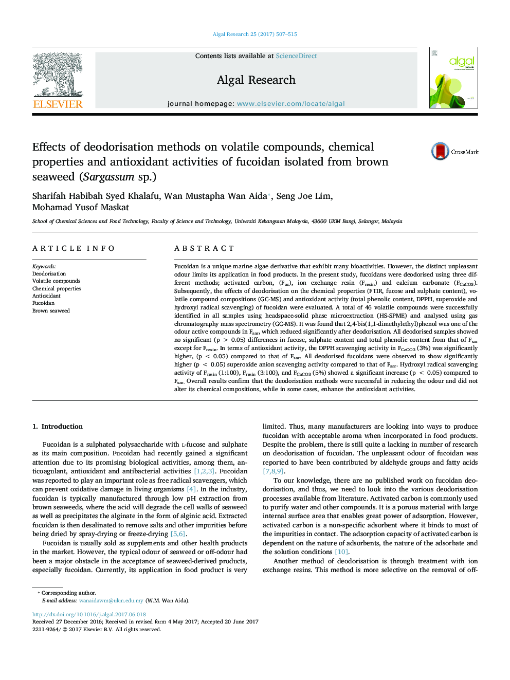 Effects of deodorisation methods on volatile compounds, chemical properties and antioxidant activities of fucoidan isolated from brown seaweed (Sargassum sp.)