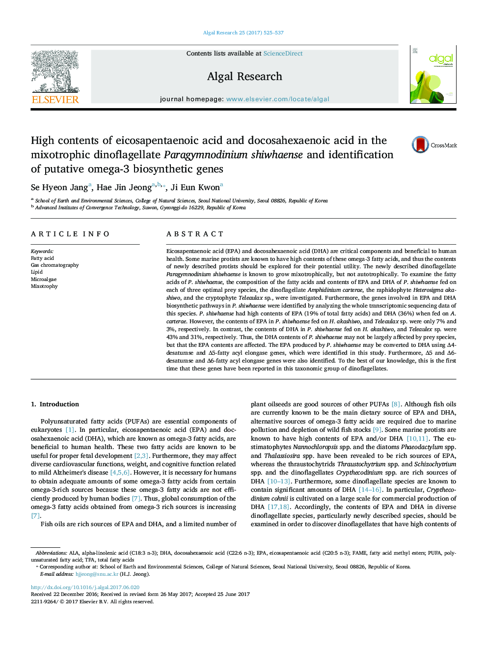 High contents of eicosapentaenoic acid and docosahexaenoic acid in the mixotrophic dinoflagellate Paragymnodinium shiwhaense and identification of putative omega-3 biosynthetic genes