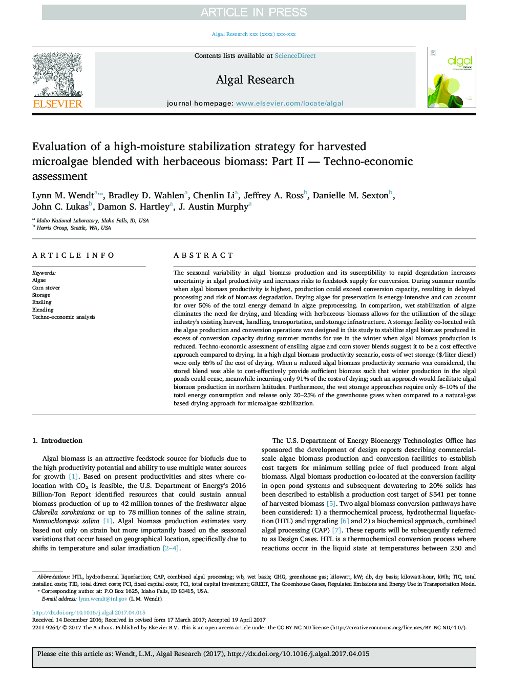 Evaluation of a high-moisture stabilization strategy for harvested microalgae blended with herbaceous biomass: Part II - Techno-economic assessment