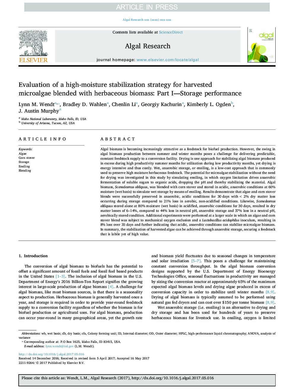 Evaluation of a high-moisture stabilization strategy for harvested microalgae blended with herbaceous biomass: Part I-Storage performance