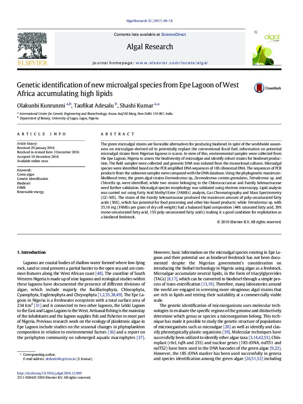 Genetic identification of new microalgal species from Epe Lagoon of West Africa accumulating high lipids