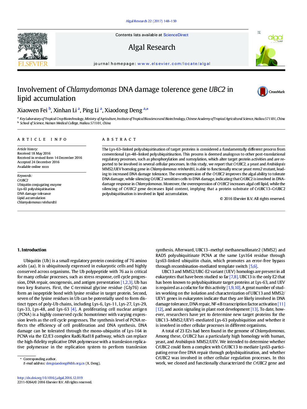 Involvement of Chlamydomonas DNA damage tolerence gene UBC2 in lipid accumulation