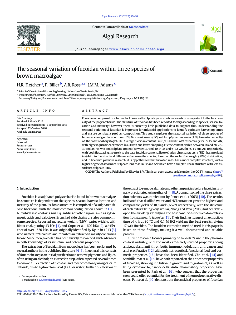 The seasonal variation of fucoidan within three species of brown macroalgae