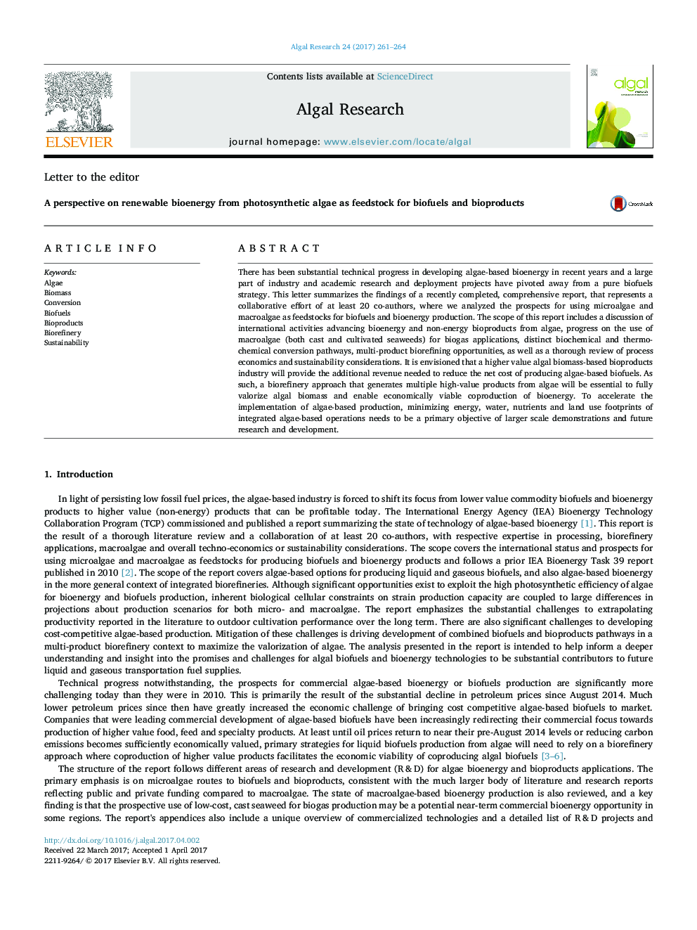 A perspective on renewable bioenergy from photosynthetic algae as feedstock for biofuels and bioproducts