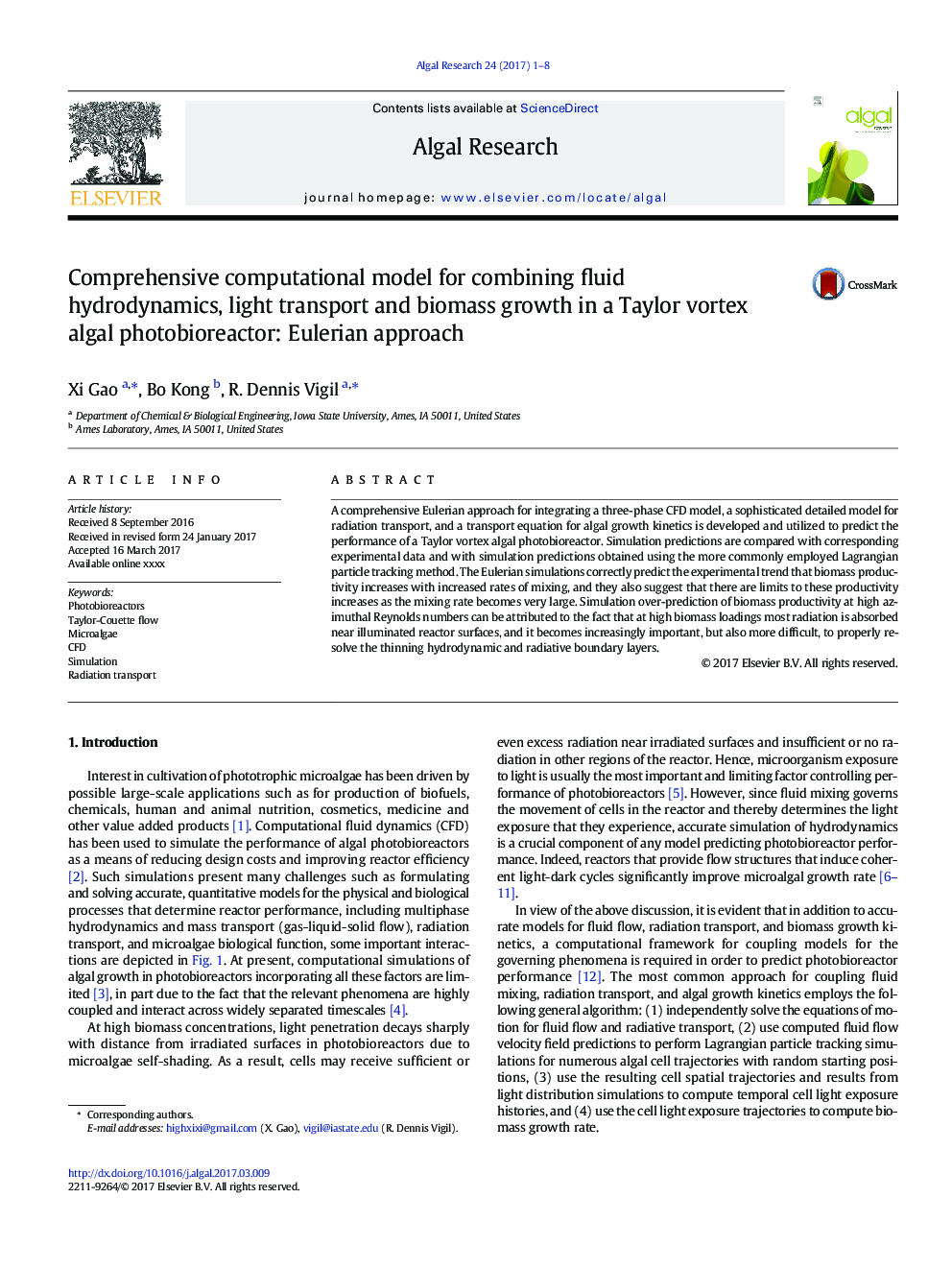 Comprehensive computational model for combining fluid hydrodynamics, light transport and biomass growth in a Taylor vortex algal photobioreactor: Eulerian approach