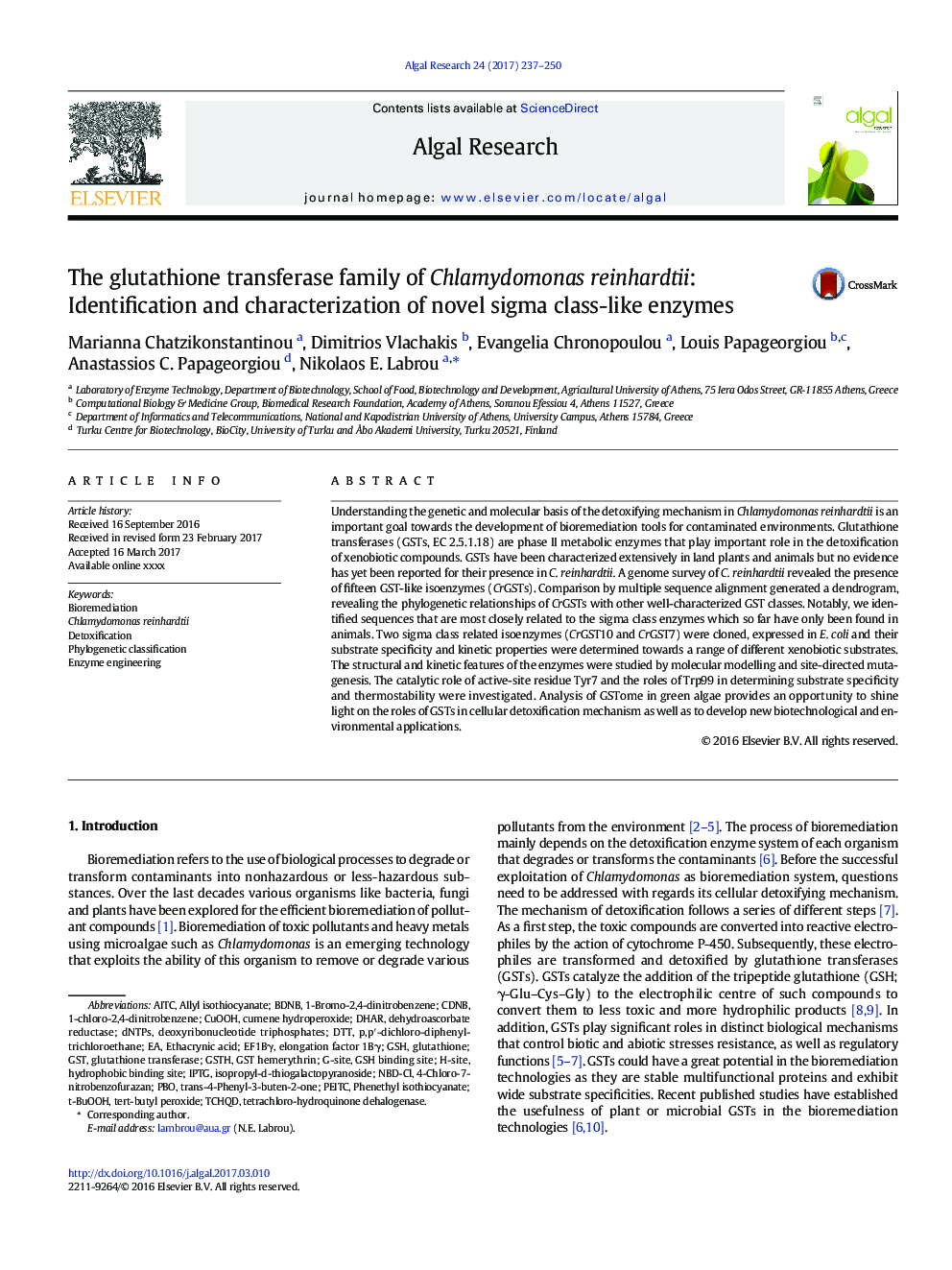 The glutathione transferase family of Chlamydomonas reinhardtii: Identification and characterization of novel sigma class-like enzymes