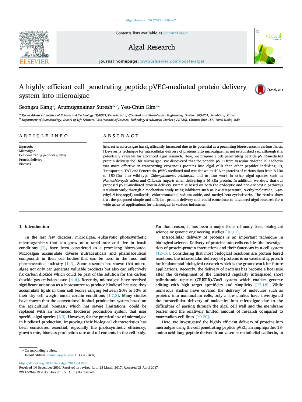 A highly efficient cell penetrating peptide pVEC-mediated protein delivery system into microalgae