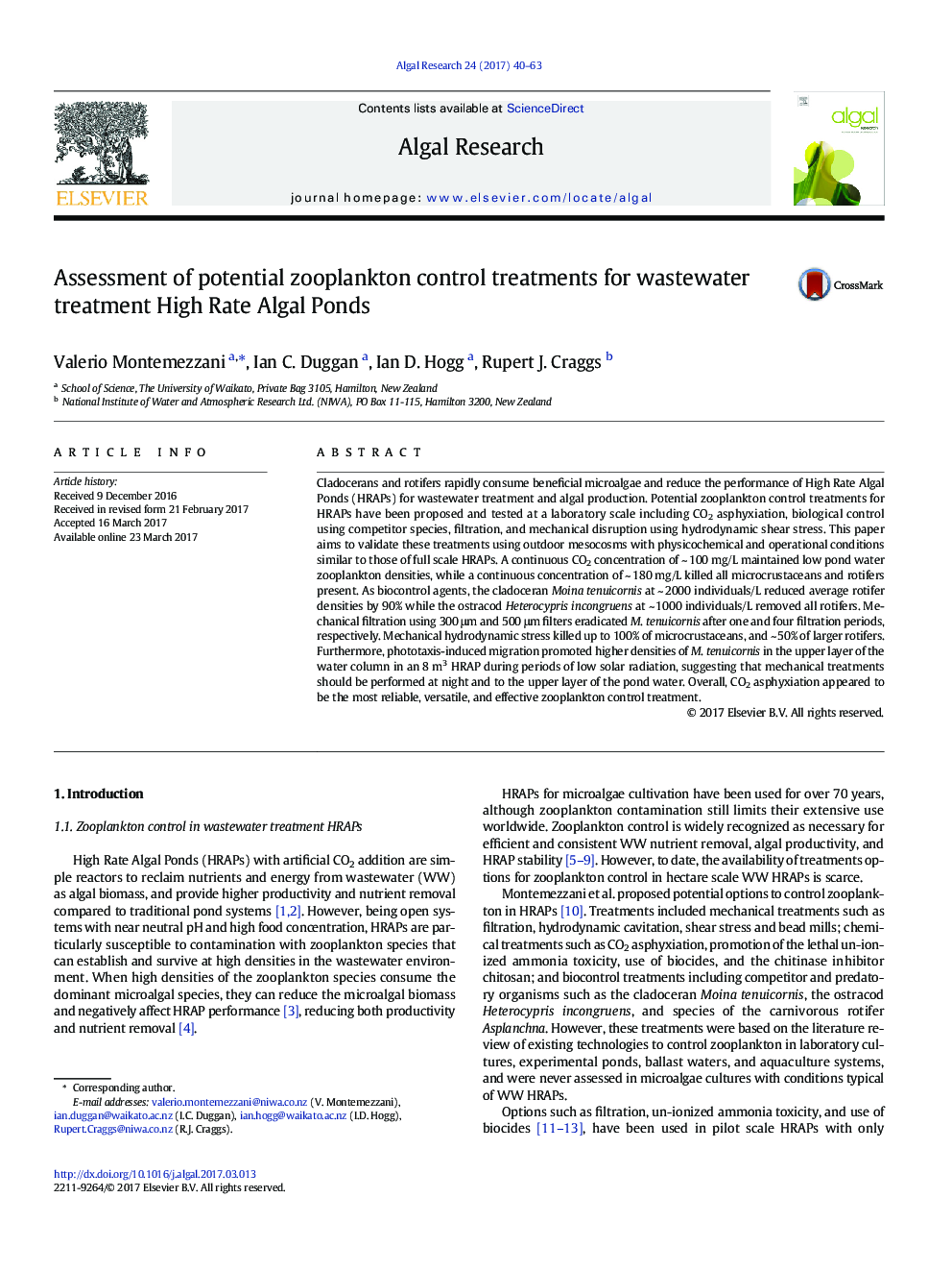 Assessment of potential zooplankton control treatments for wastewater treatment High Rate Algal Ponds