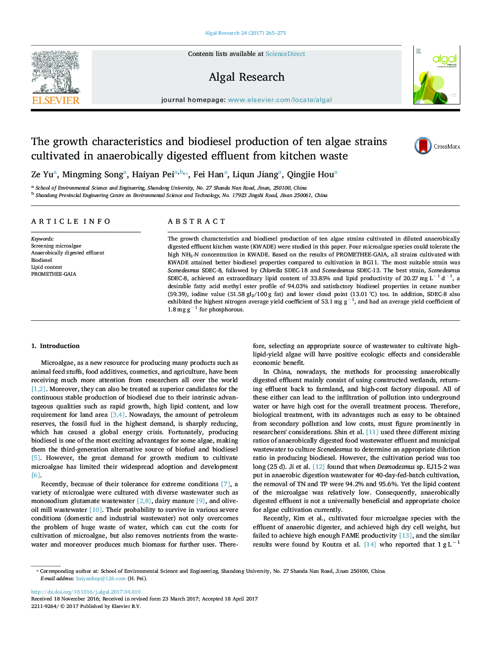 The growth characteristics and biodiesel production of ten algae strains cultivated in anaerobically digested effluent from kitchen waste