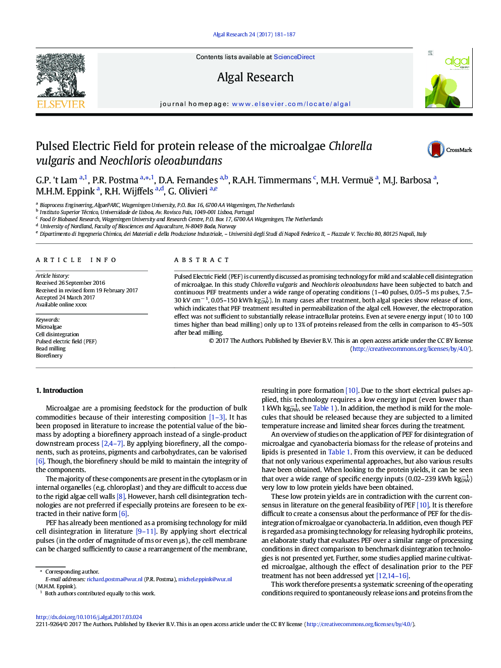 Pulsed Electric Field for protein release of the microalgae Chlorella vulgaris and Neochloris oleoabundans