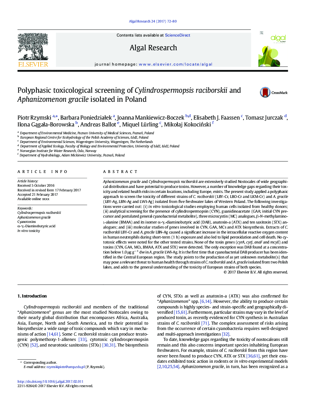 Polyphasic toxicological screening of Cylindrospermopsis raciborskii and Aphanizomenon gracile isolated in Poland