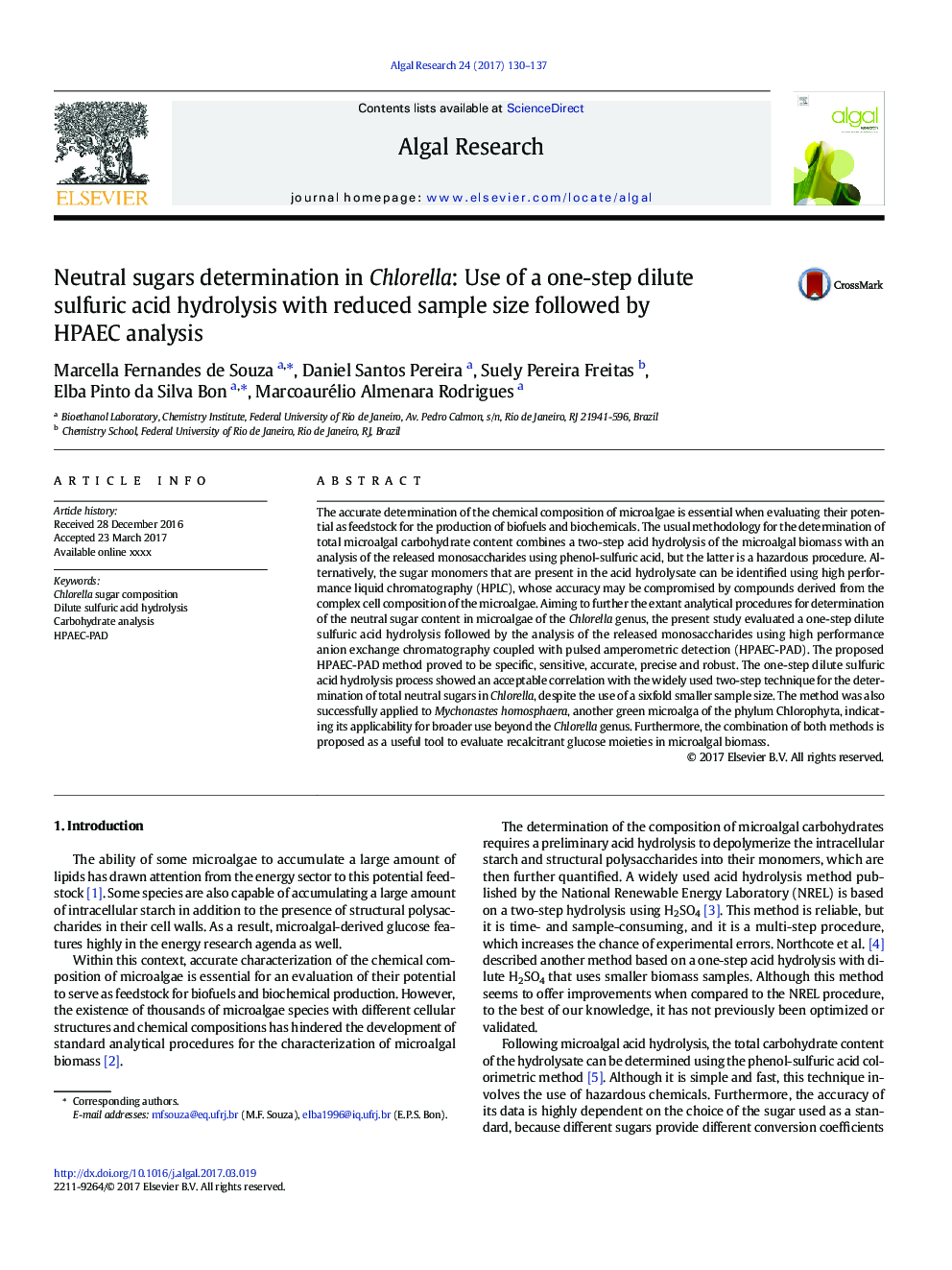 Neutral sugars determination in Chlorella: Use of a one-step dilute sulfuric acid hydrolysis with reduced sample size followed by HPAEC analysis