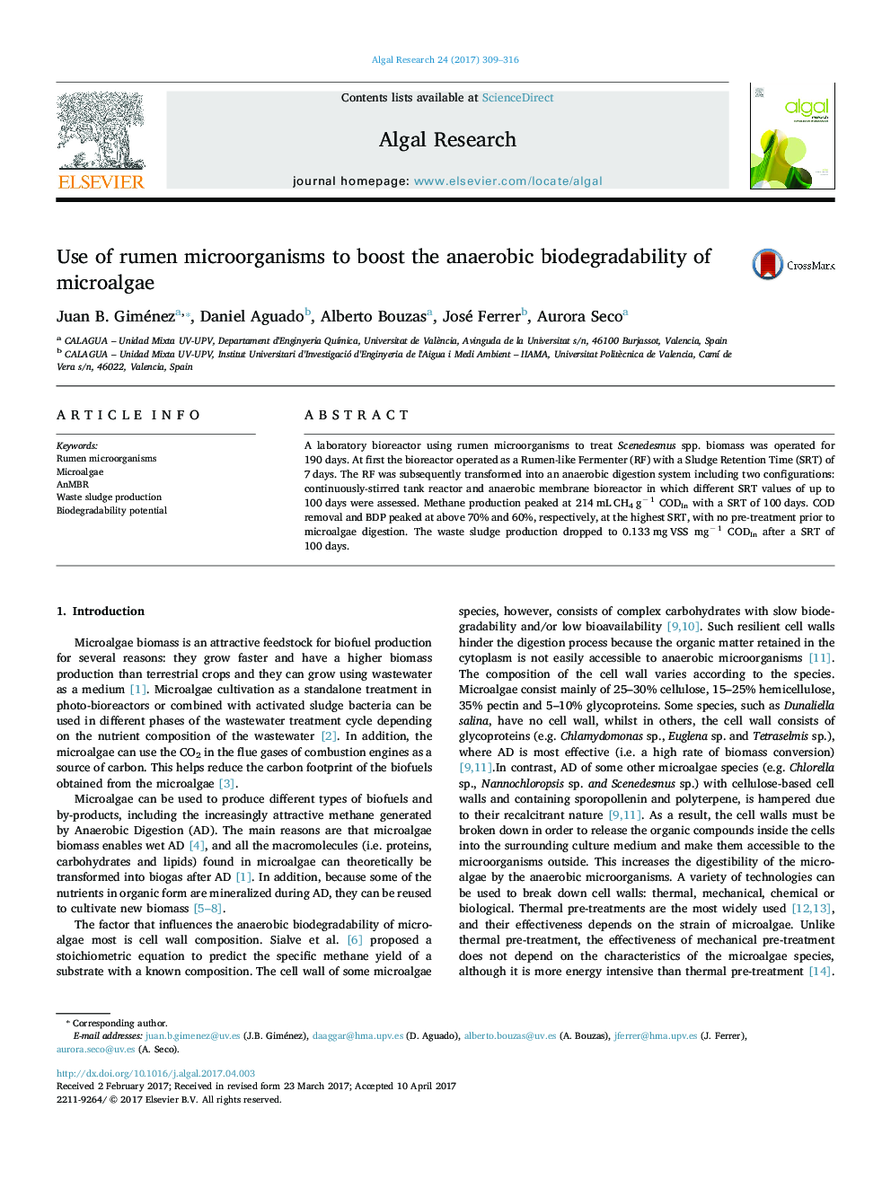 Use of rumen microorganisms to boost the anaerobic biodegradability of microalgae