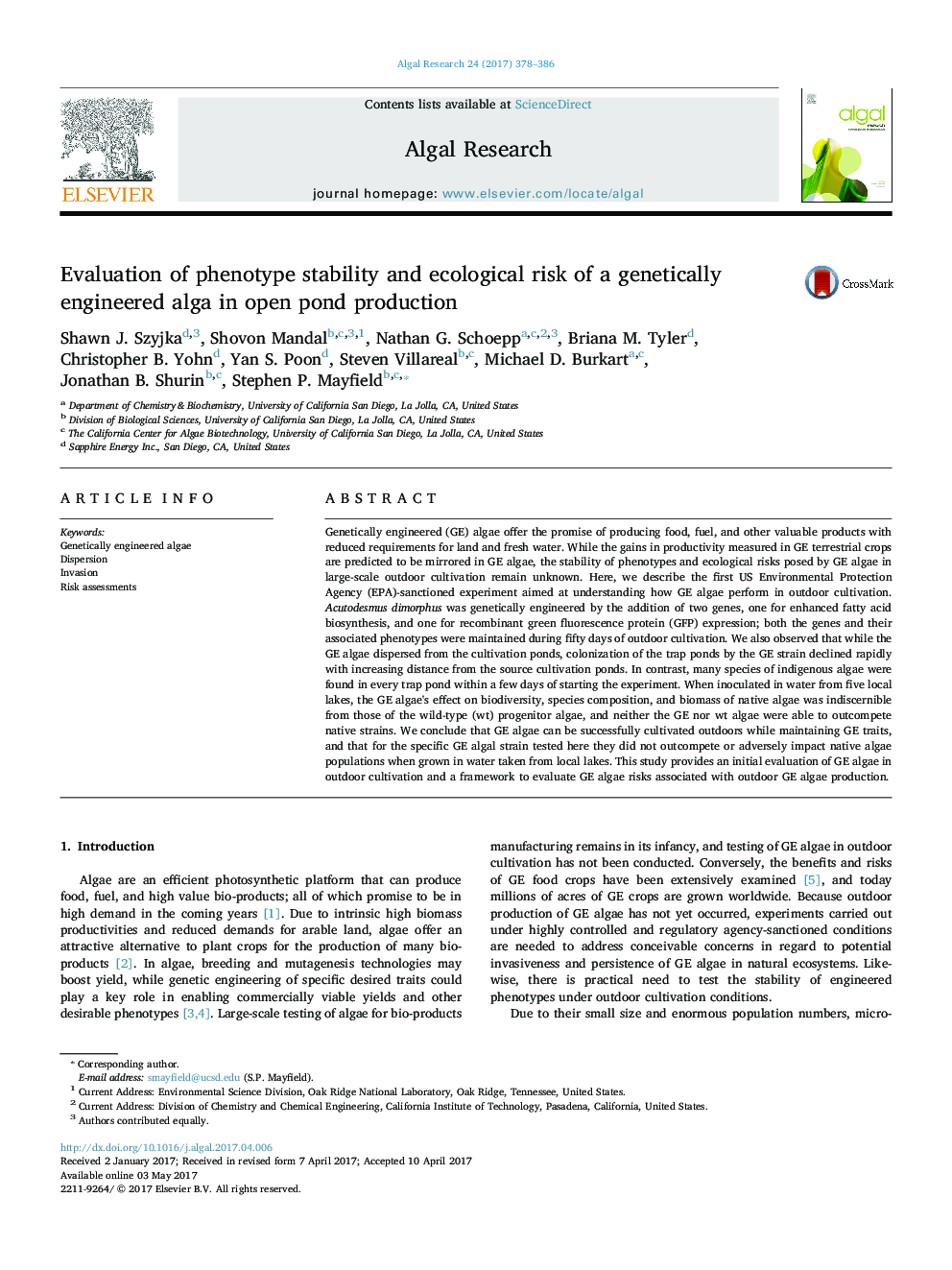 Evaluation of phenotype stability and ecological risk of a genetically engineered alga in open pond production