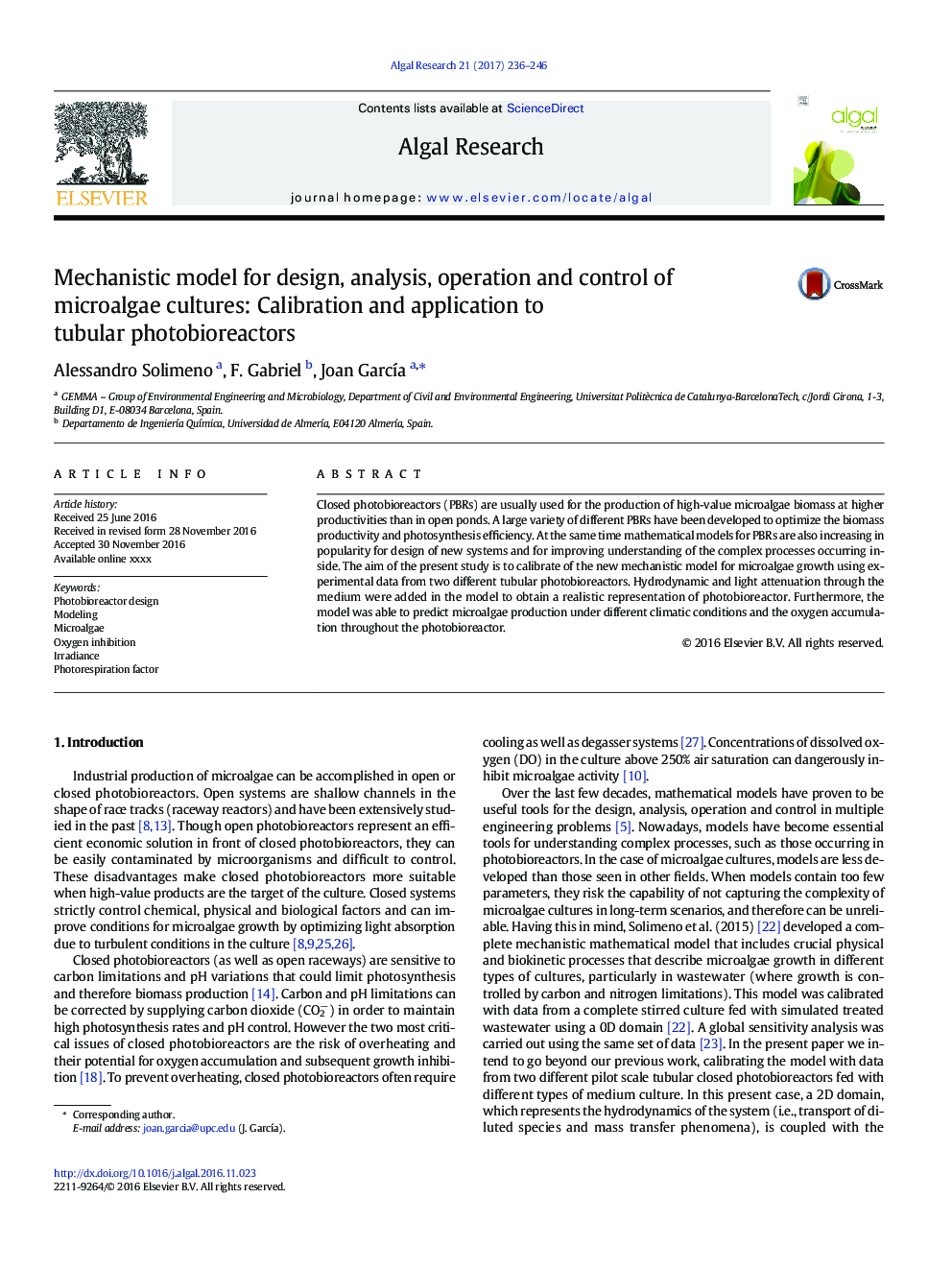 مدل مکانیستی برای طراحی، تجزیه و تحلیل، عمل و کنترل کشت میکروالاها: کالیبراسیون و کاربرد آن در فتو بیوراکتورهای لوله ای 