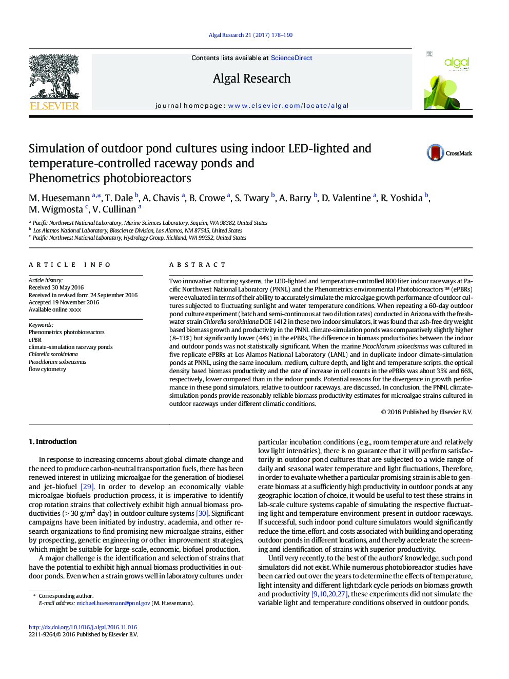 Simulation of outdoor pond cultures using indoor LED-lighted and temperature-controlled raceway ponds and Phenometrics photobioreactors