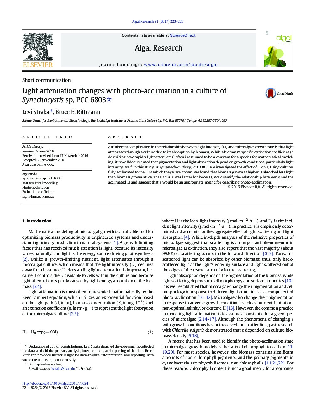 Light attenuation changes with photo-acclimation in a culture of Synechocystis sp. PCC 6803