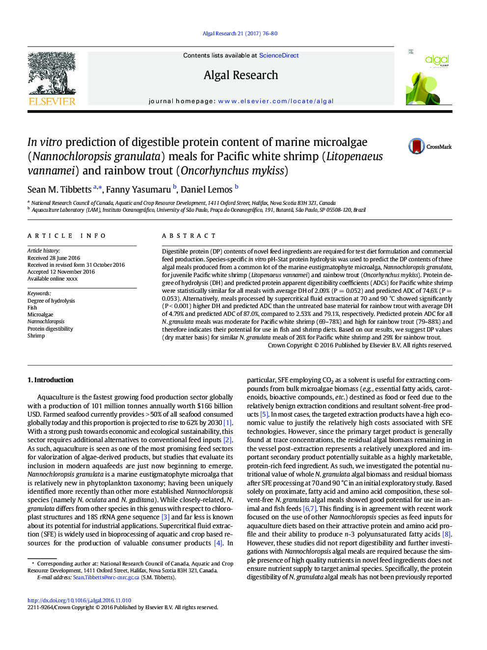 In vitro prediction of digestible protein content of marine microalgae (Nannochloropsis granulata) meals for Pacific white shrimp (Litopenaeus vannamei) and rainbow trout (Oncorhynchus mykiss)