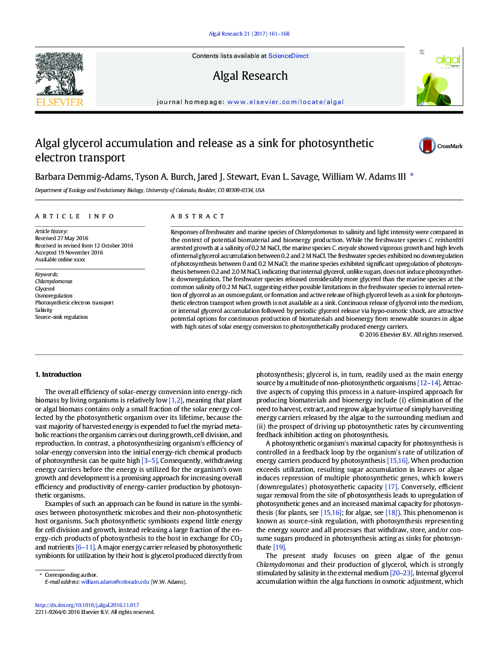 Algal glycerol accumulation and release as a sink for photosynthetic electron transport