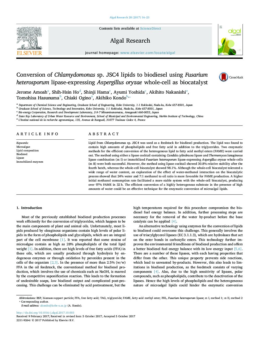 Conversion of Chlamydomonas sp. JSC4 lipids to biodiesel using Fusarium heterosporum lipase-expressing Aspergillus oryzae whole-cell as biocatalyst