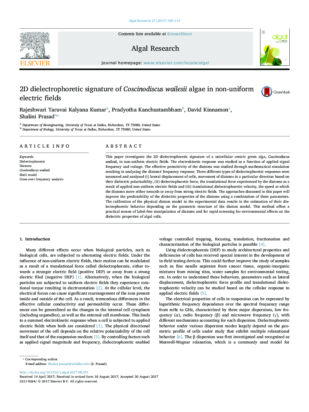 2D dielectrophoretic signature of Coscinodiscus wailesii algae in non-uniform electric fields