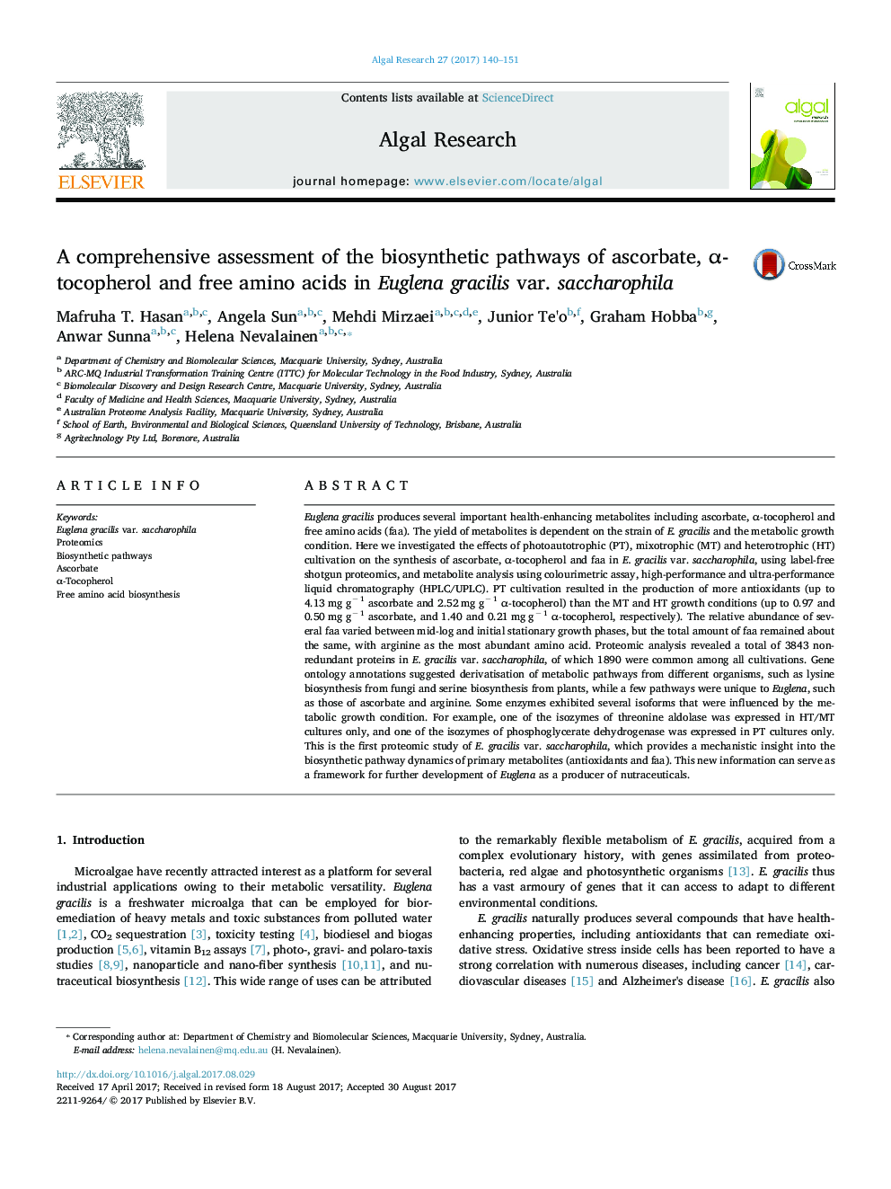 A comprehensive assessment of the biosynthetic pathways of ascorbate, Î±-tocopherol and free amino acids in Euglena gracilis var. saccharophila