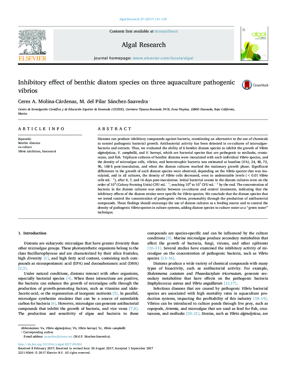 Inhibitory effect of benthic diatom species on three aquaculture pathogenic vibrios