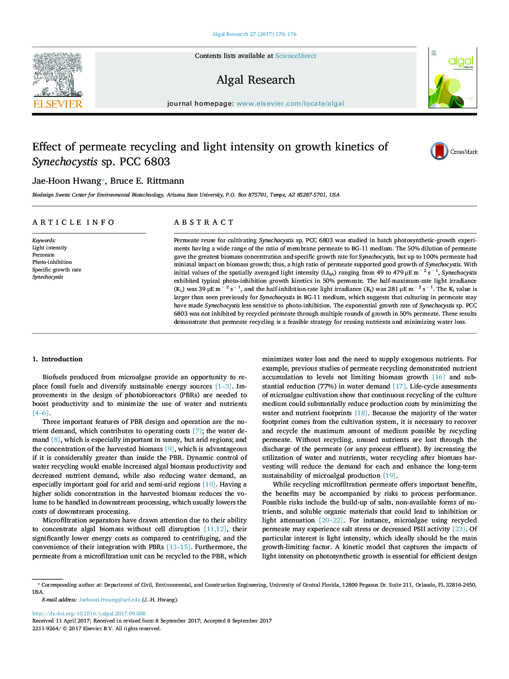 Effect of permeate recycling and light intensity on growth kinetics of Synechocystis sp. PCC 6803